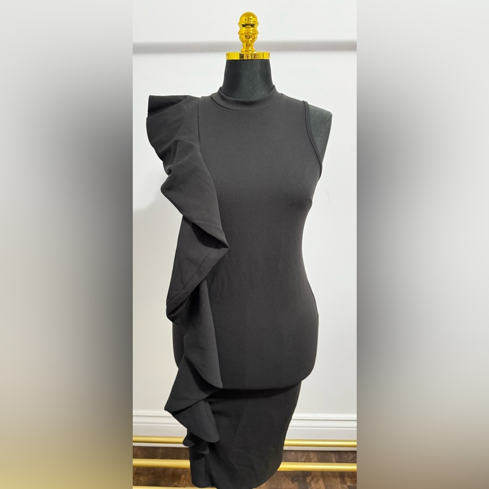 Elegant Black Ruffle Midi Dress | Size Large